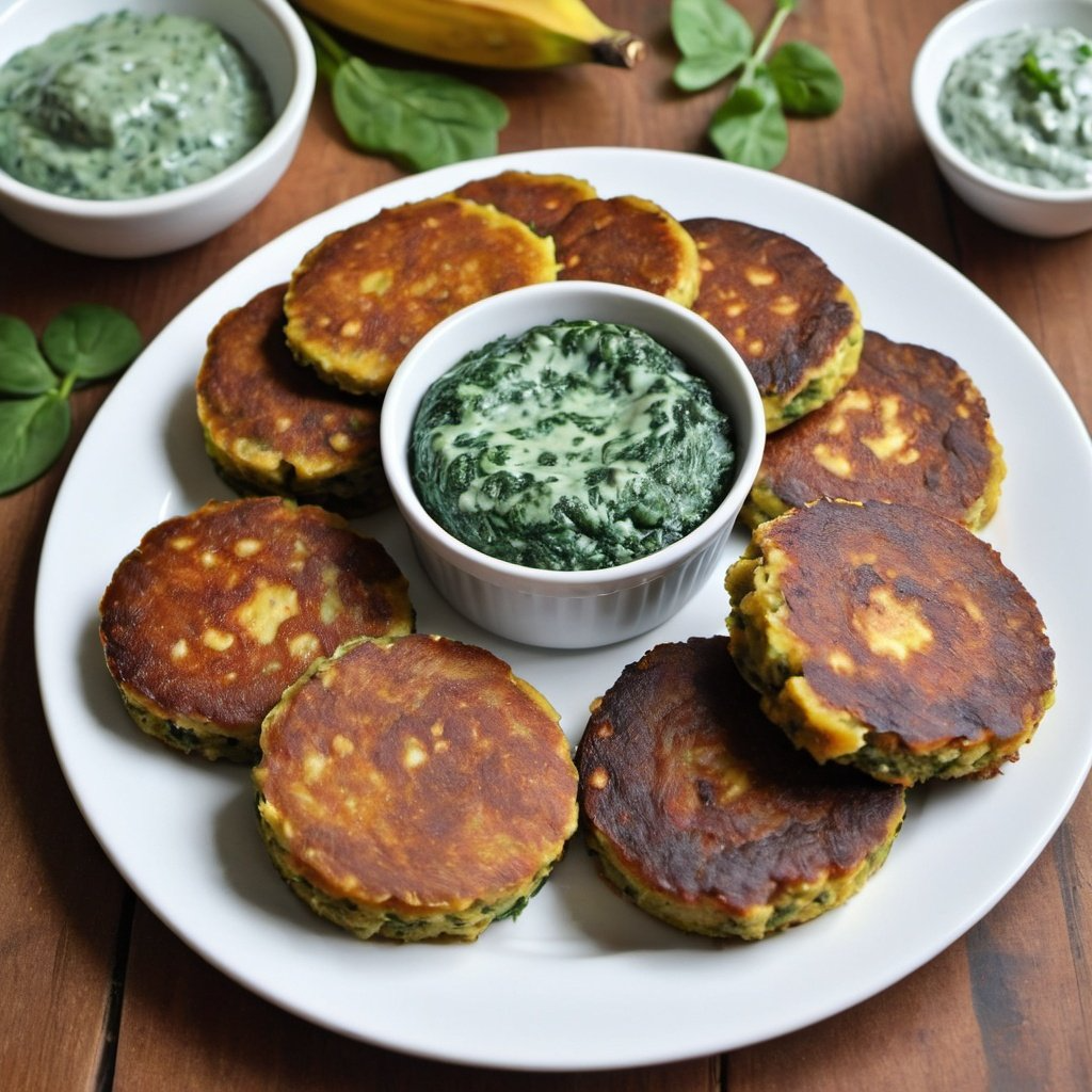Plantain Cakes with Spinach Dip